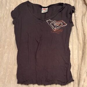 Roxy Women's Charcoal V-Neck Tee with Heart Design